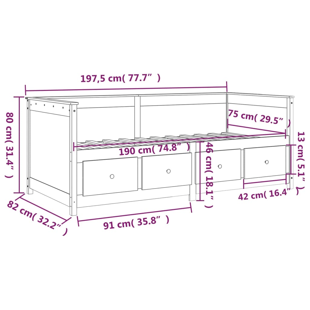 vidaXL Sohvasänky musta 75x190 cm täysi mänty