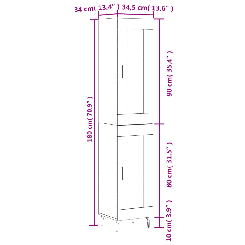 vidaXL Kaappi harmaa Sonoma 34,5x34x180 cm tekninen puu