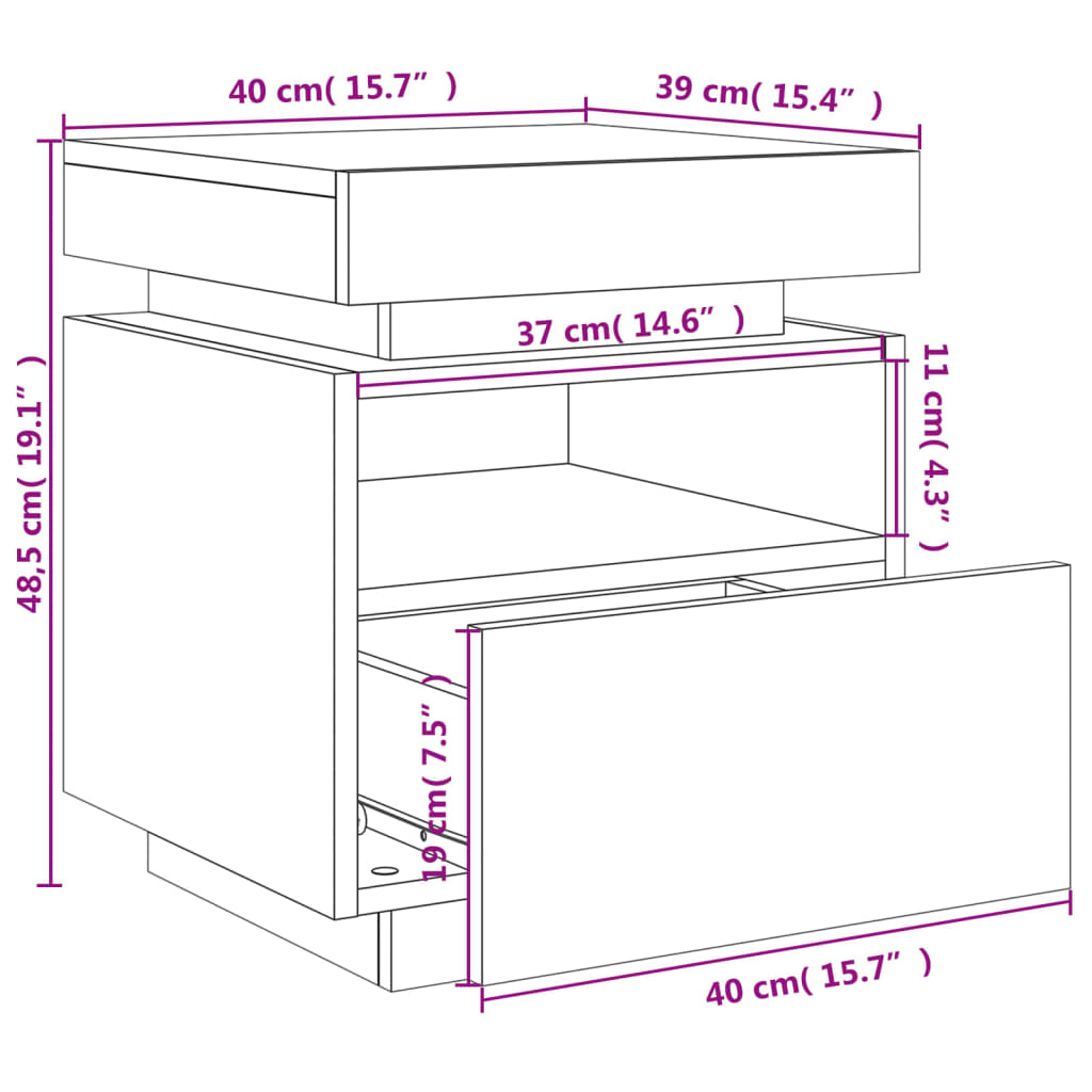 vidaXL Yöpöytä LED-valoilla Sonoma-tammi 40x39x48,5 cm