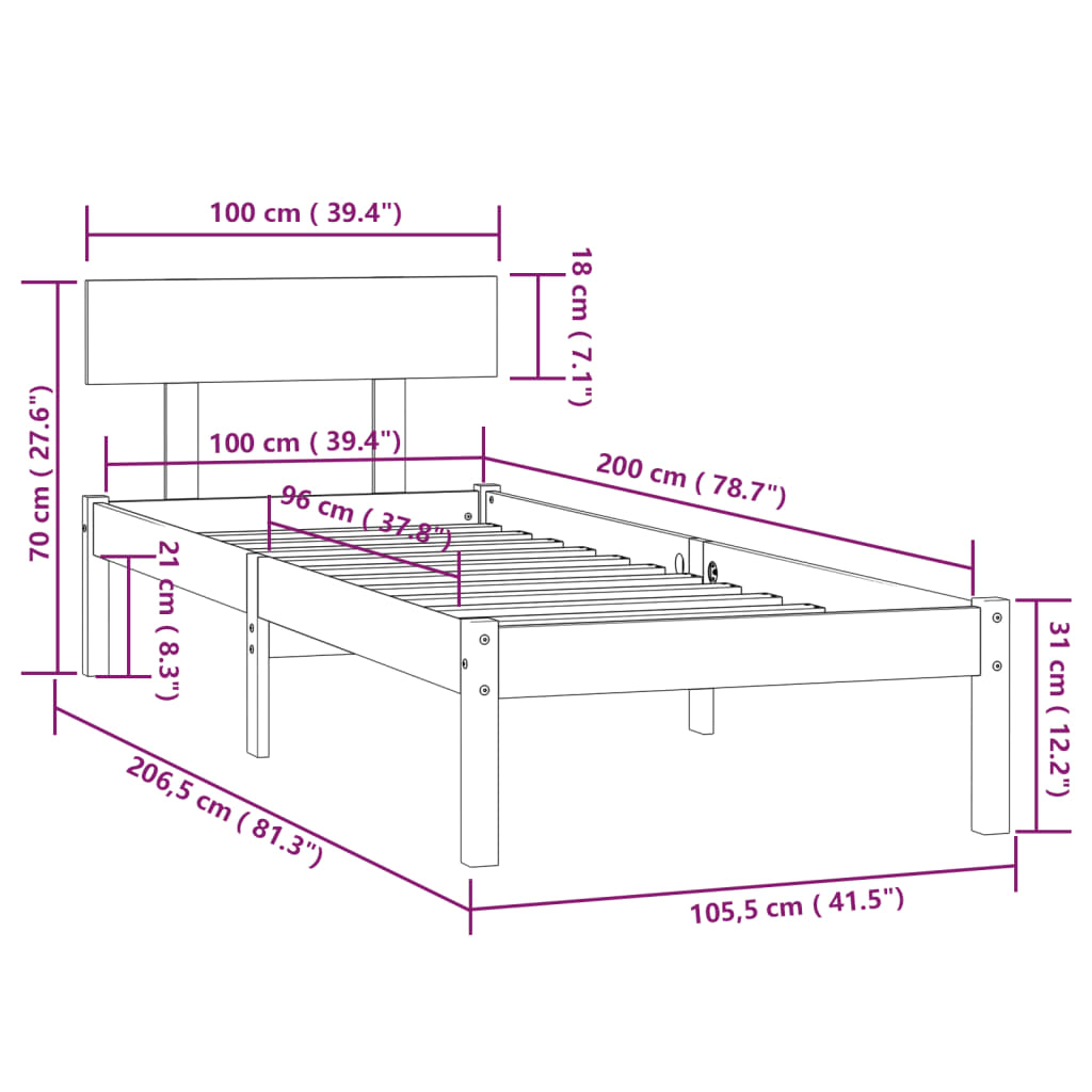 vidaXL Sängynrunko musta täysi mänty 100x200 cm