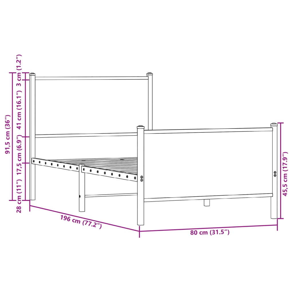 vidaXL Metallinen sängynrunko ilman patjaa savutammi 75x190 cm