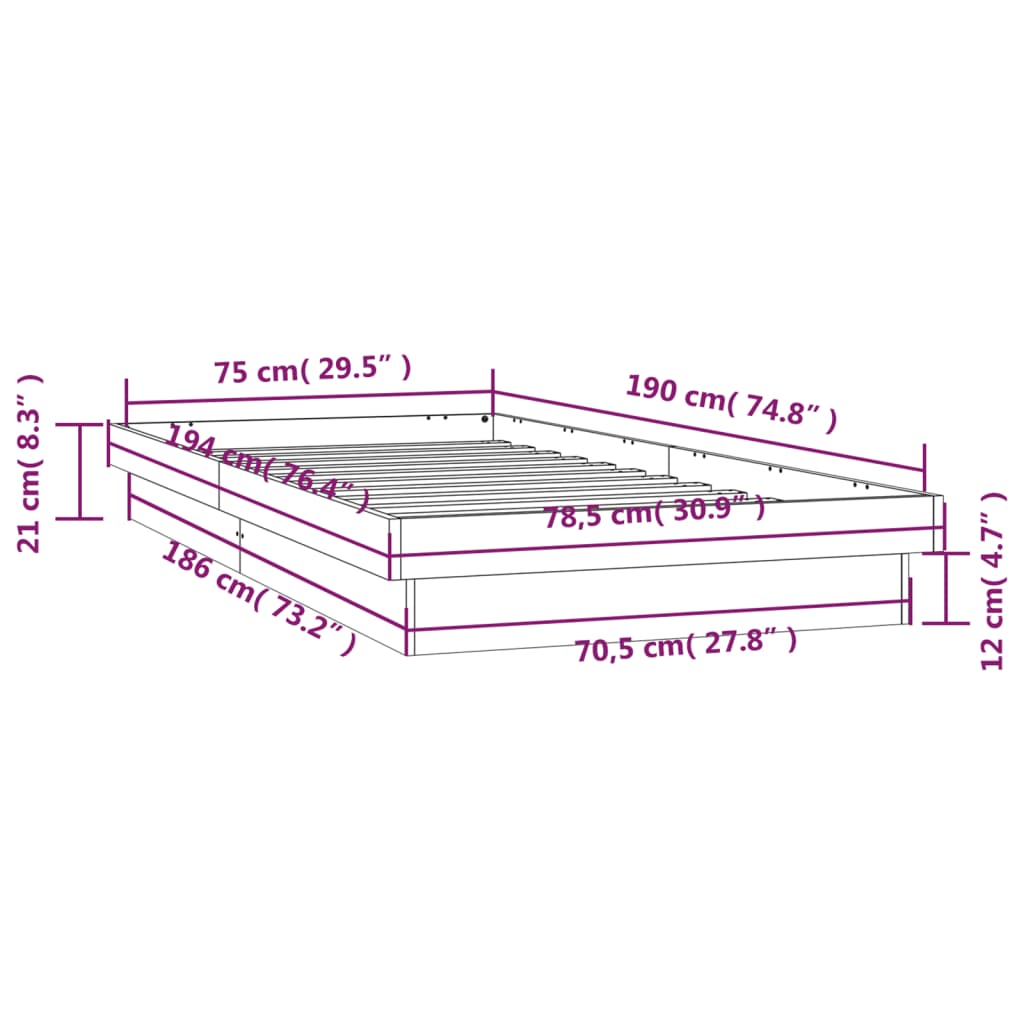 vidaXL Sängynrunko LED-valoilla 75x190 cm Small Single täysi puu