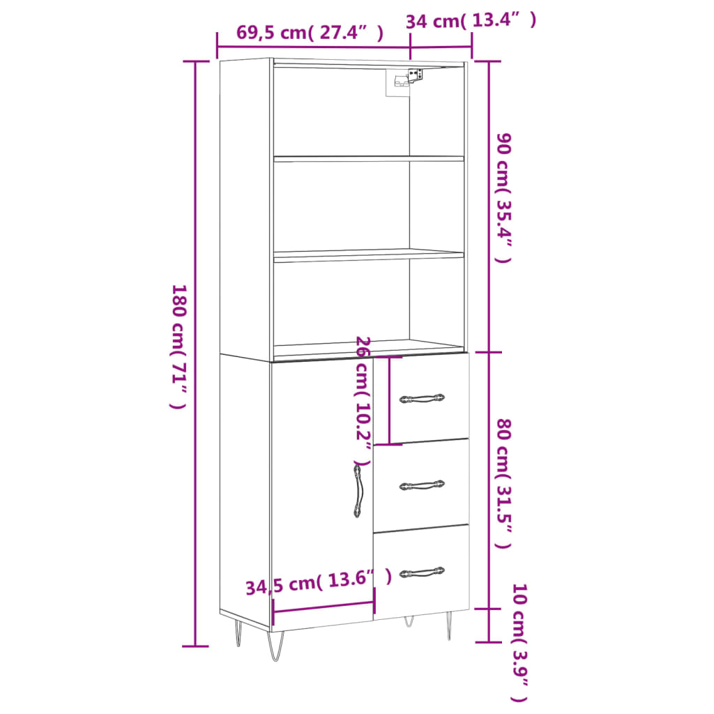 vidaXL Kaappi musta 69,5x34x180 cm tekninen puu