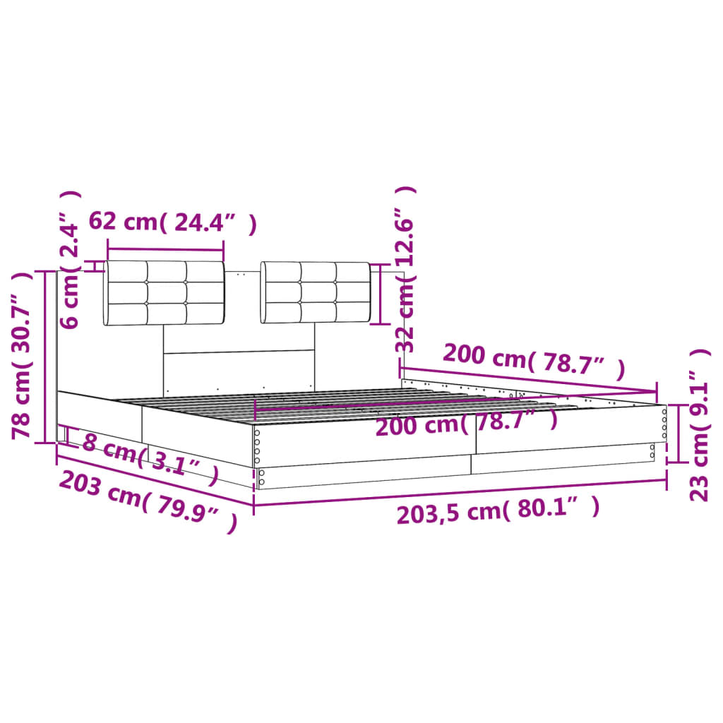 vidaXL Sängynrunko päädyllä savutammi 200x200 cm tekninen puu