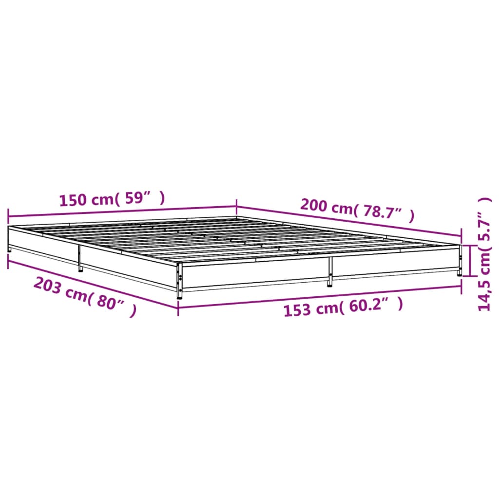 vidaXL Sängynrunko ruskea tammi 150x200 cm tekninen puu ja metalli