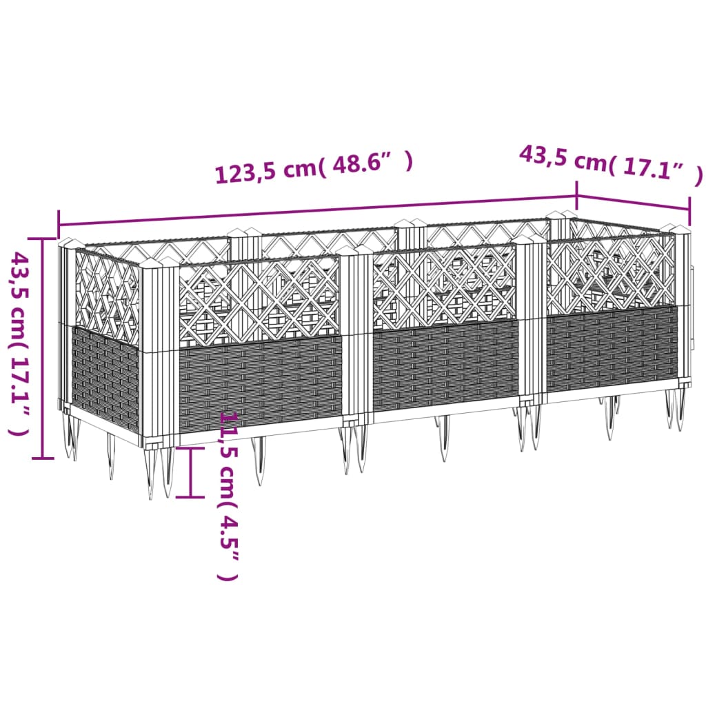 vidaXL Kukkalaatikko jalkatapeilla musta 123,5x43,5x43,5 cm PP