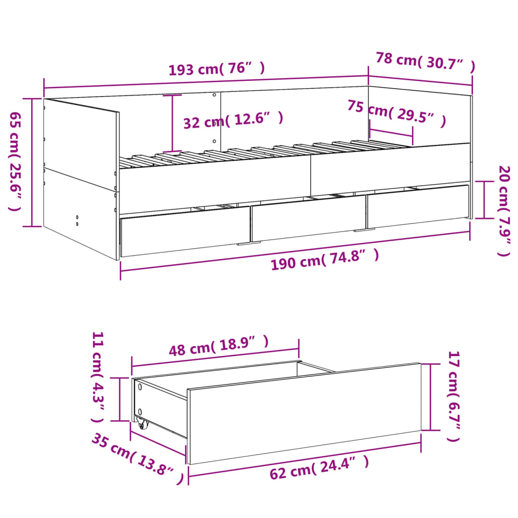 vidaXL Vuodesohva laatikoilla ei patjaa ruskea tammi 75x190 cm