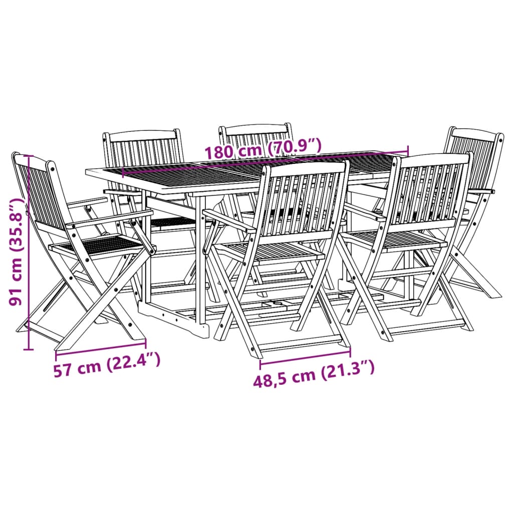 vidaXL 7-osainen Puutarharuokailuryhmä 180x90x75 cm täysi akaasiapuu