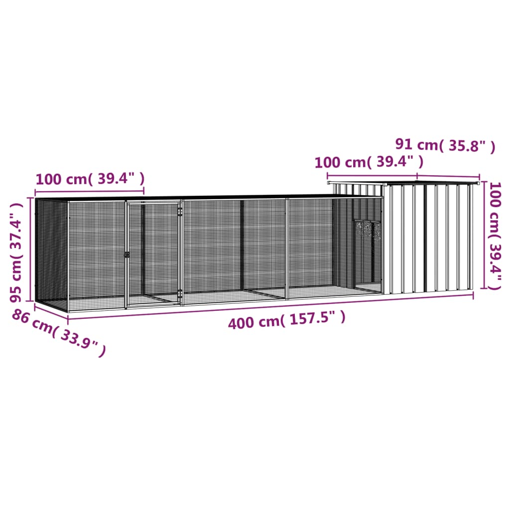 vidaXL Kanahäkki antrasiitti 400x91x100 cm galvanoitu teräs