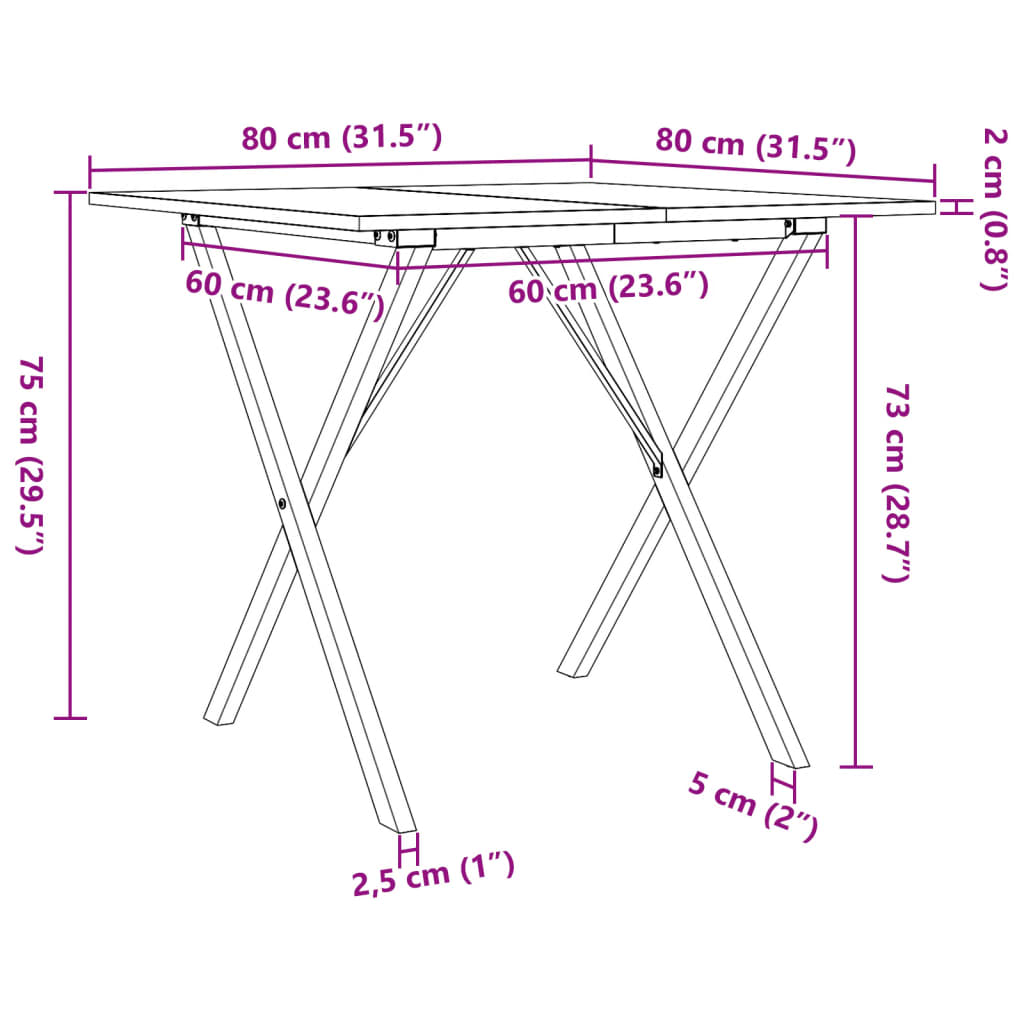 vidaXL Ruokapöytä X-runko 80x80x75 cm täysi mänty ja valurauta