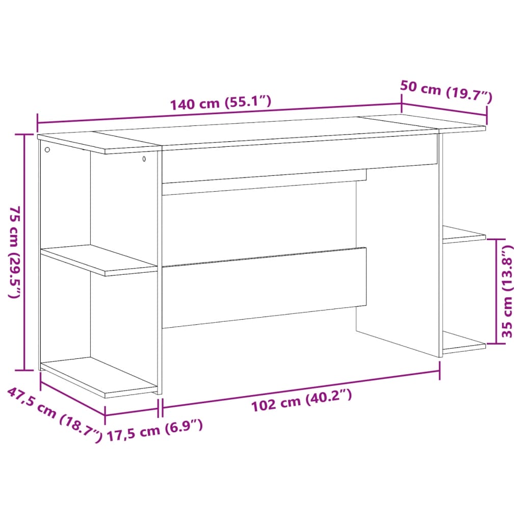 vidaXL Työpöytä ruskea tammi 140x50x75 cm tekninen puu