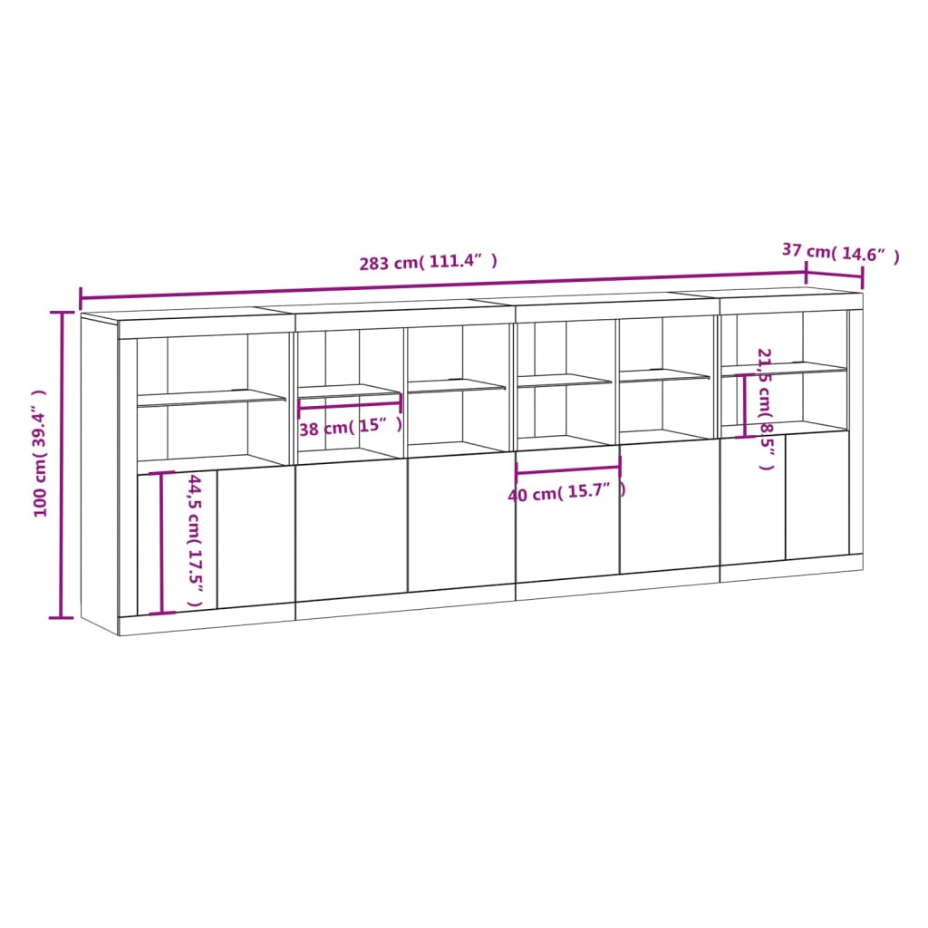 vidaXL Senkki LED-valoilla ruskea tammi 283x37x100 cm