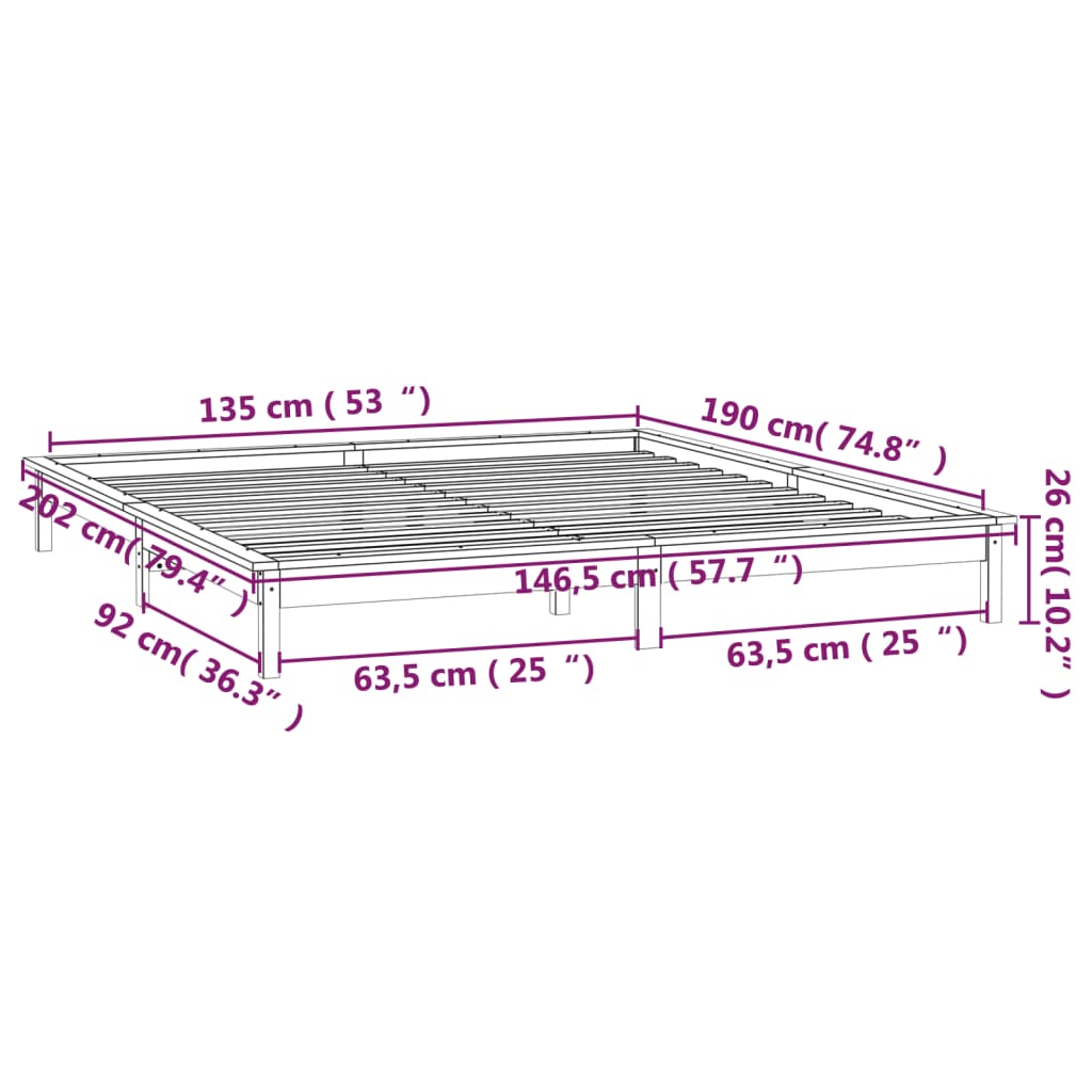 vidaXL Sängynrunko LED valkoinen 135x190 cm Double täysi puu