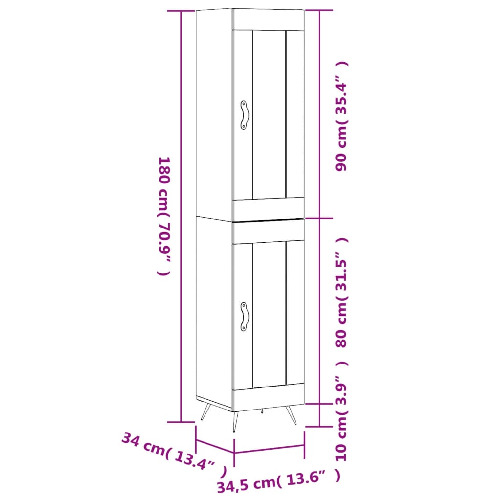 vidaXL Kaappi ruskea tammi 34,5x34x180 cm tekninen puu