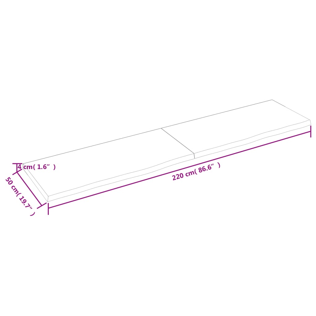 vidaXL Kylpyhuoneen työtaso 220x50x(2-4) cm käsittelemätön täysi puu