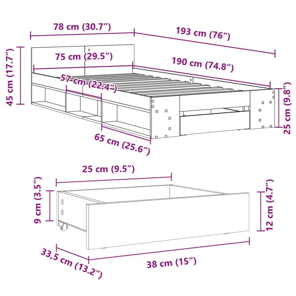 vidaXL Sängynrunko laatikolla ruskea tammi 75x190 cm tekninen puu