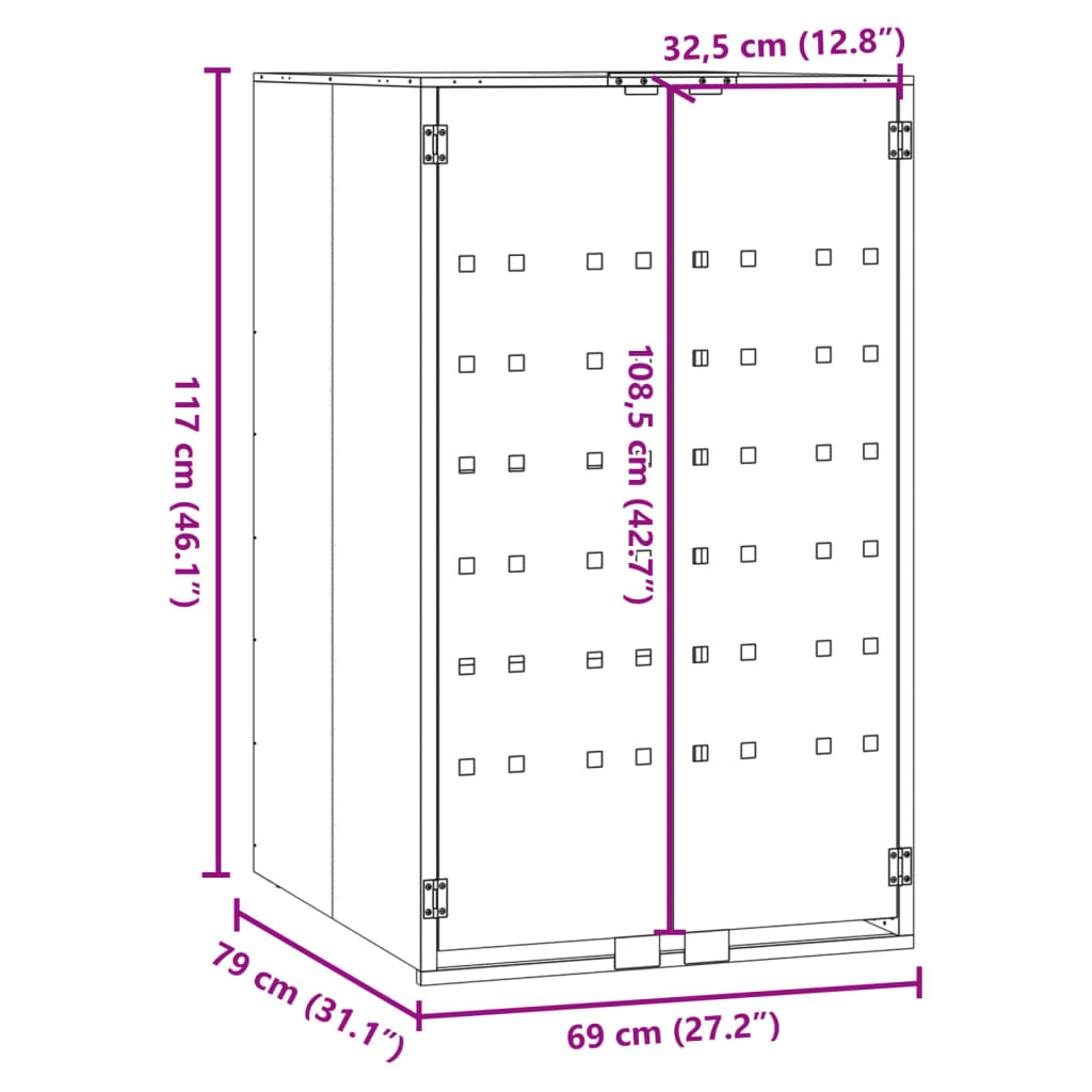 vidaXL Roskalaatikon säilytystila yhdelle musta 69x79x117 cm teräs