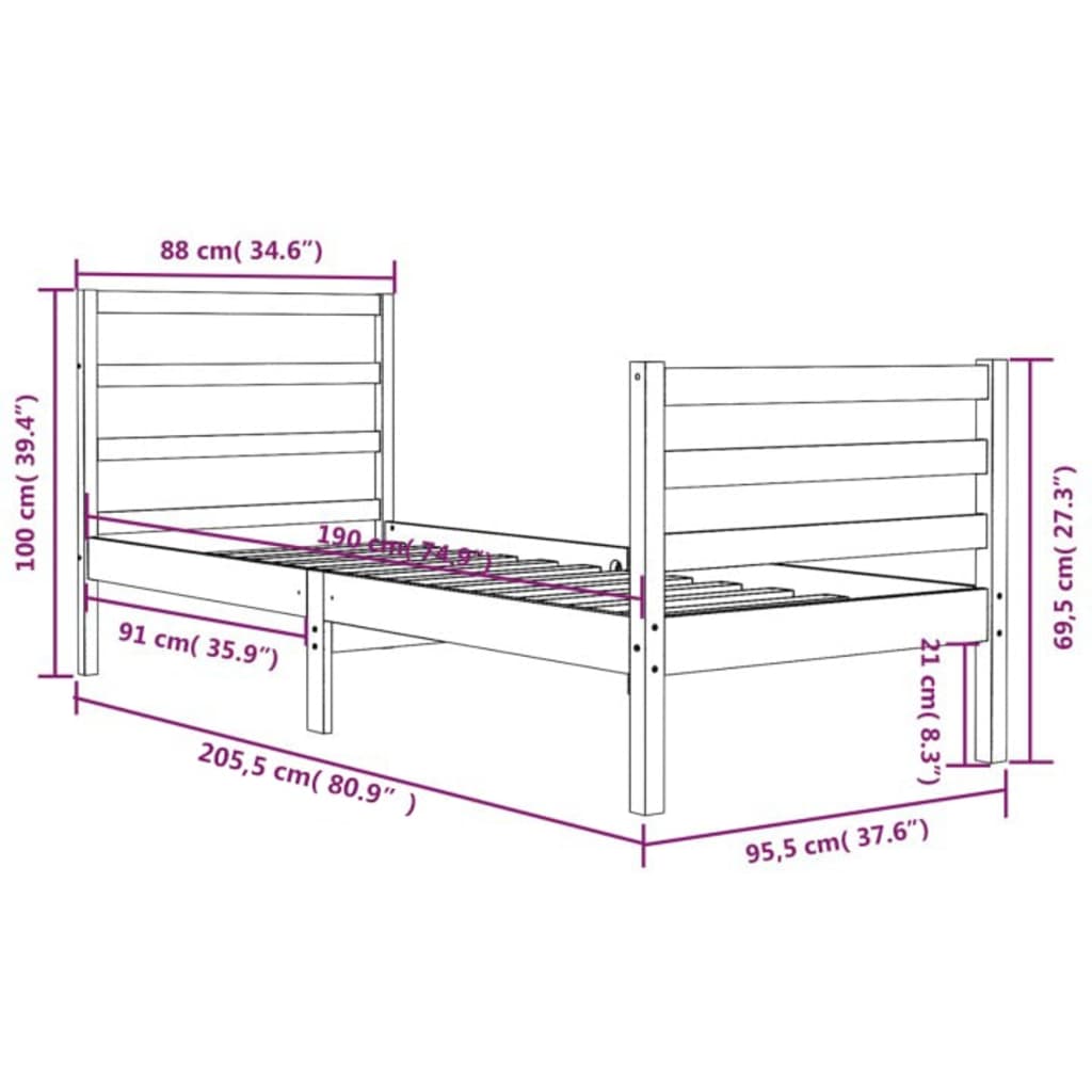 vidaXL Sängynrunko musta täysi mänty 90x200 cm