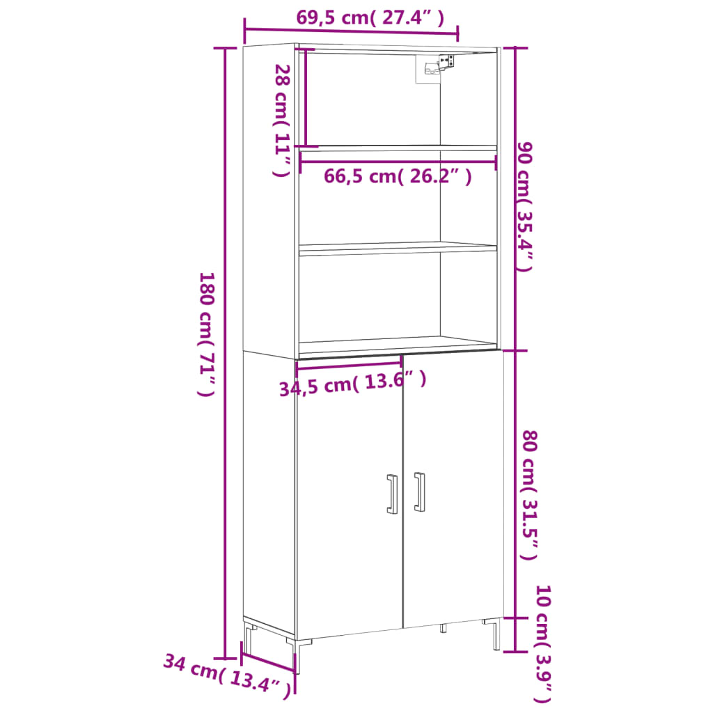 vidaXL Kaappi Sonoma tammi 69,5x34x180 cm tekninen puu