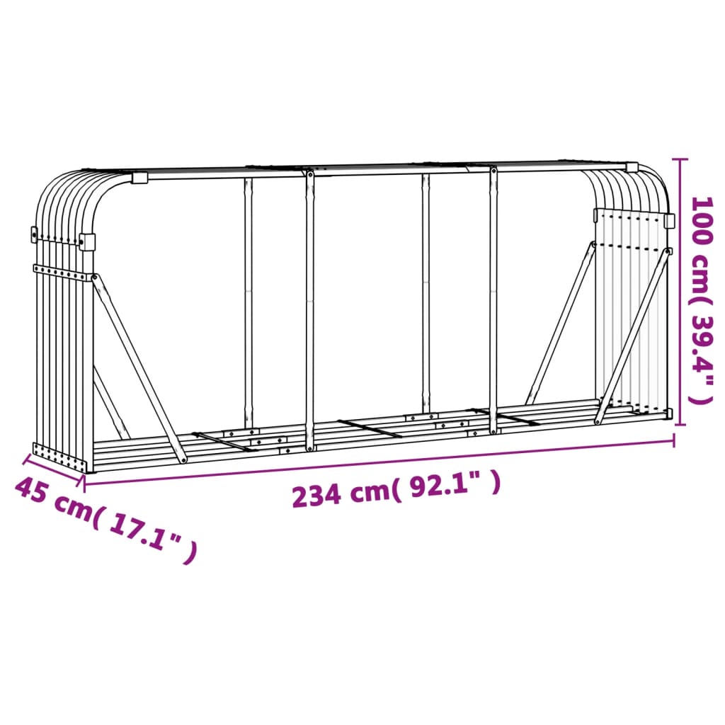 vidaXL Polttopuuteline antrasiitti 234x45x100 cm galvanoitu teräs