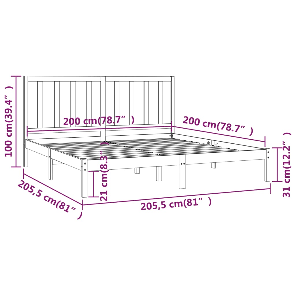 vidaXL Sängynrunko musta täysi mänty 200 x 200 cm