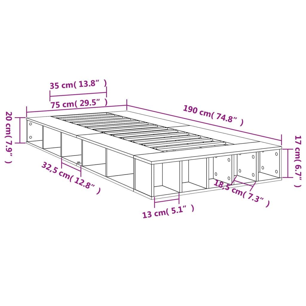 vidaXL Sängynrunko musta 75x190 cm tekninen puu