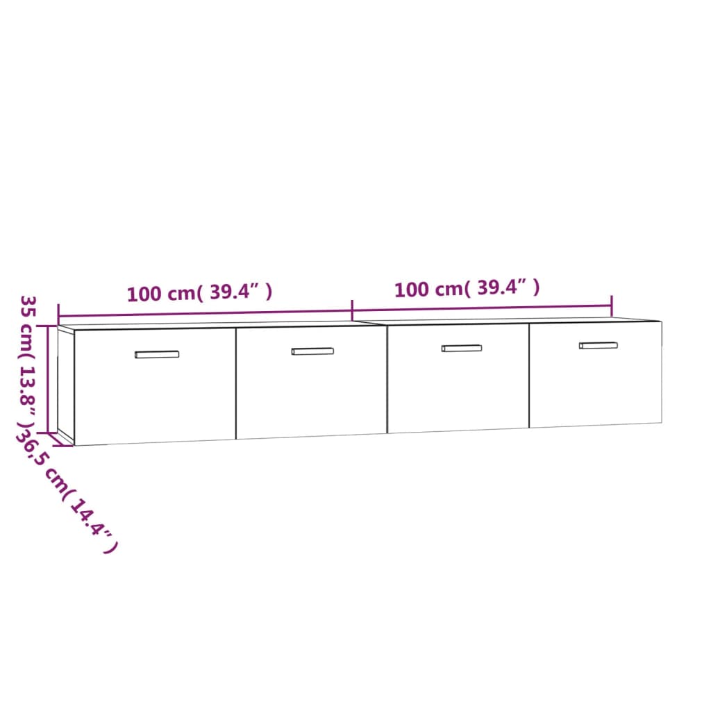 vidaXL Seinäkaapit 2 kpl korkeakiilto valk 100x36,5x35 cm tekninen puu