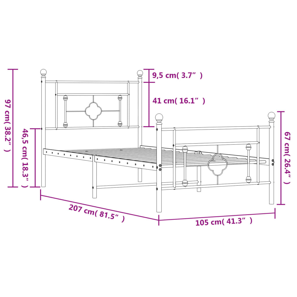 vidaXL Metallinen sängynrunko päädyillä musta 100x200 cm