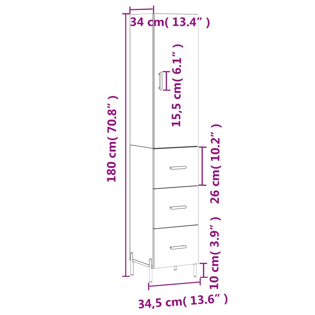 vidaXL Kaappi valkoinen 34,5x34x180 cm tekninen puu