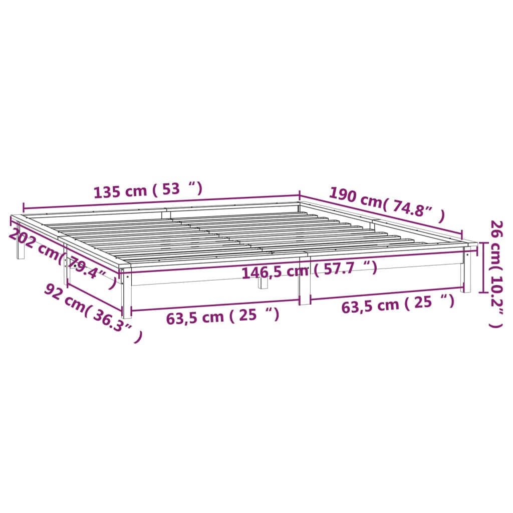 vidaXL Sängynrunko LED-valot harmaa 135x190 cm Double täysi puu