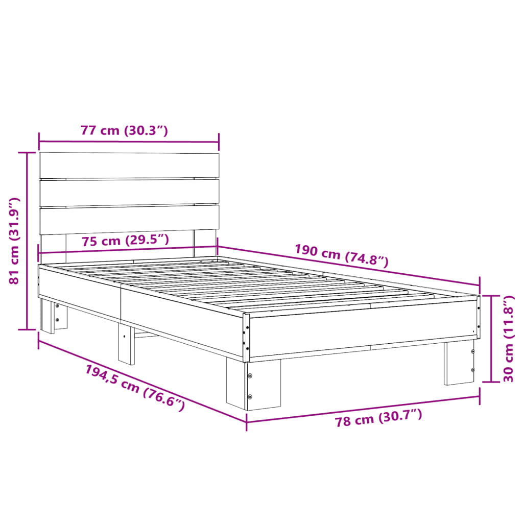 vidaXL Sängynrunko musta 75x190 cm tekninen puu ja metalli