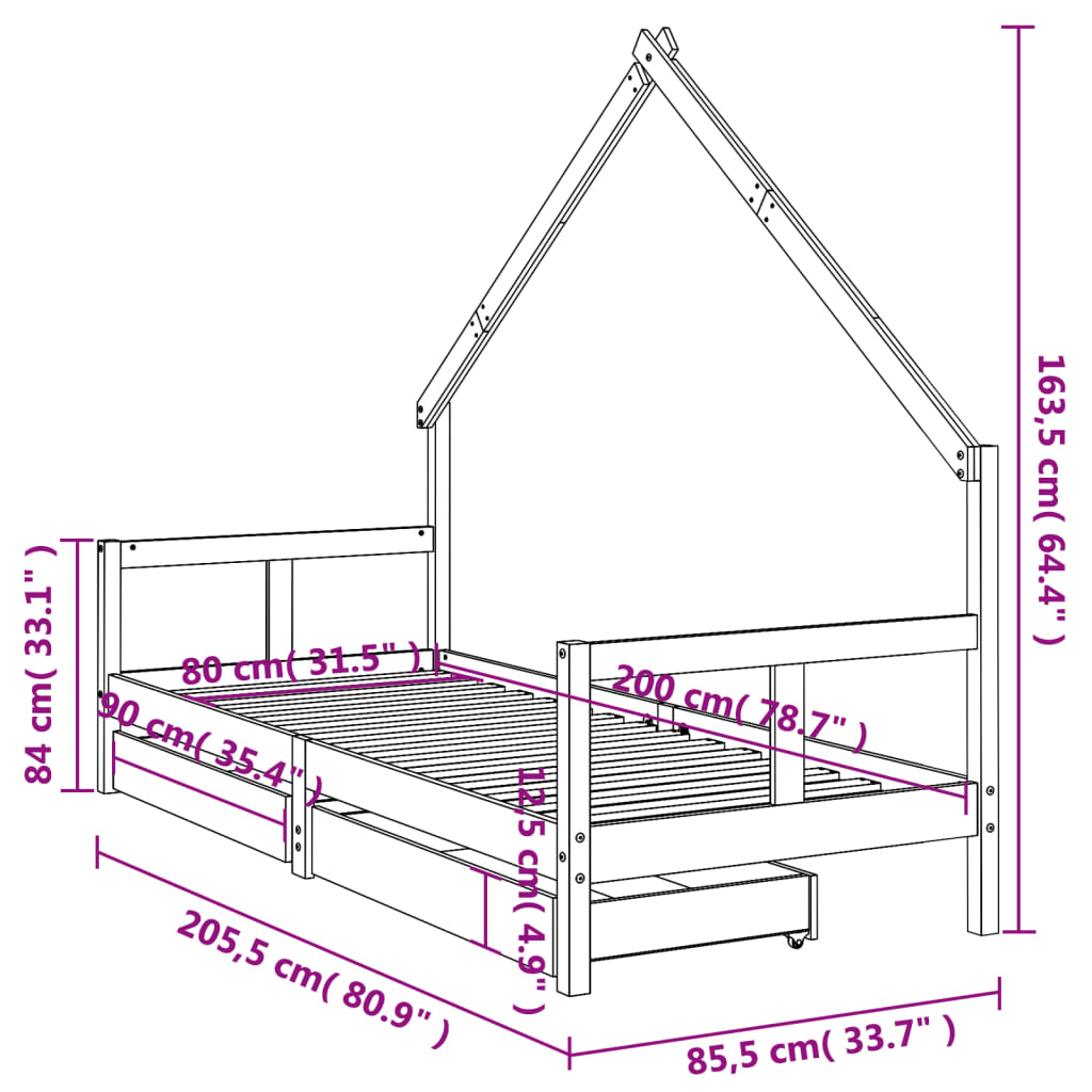 vidaXL Lasten sängynrunko laatikoilla musta 80x200 cm täysi mänty