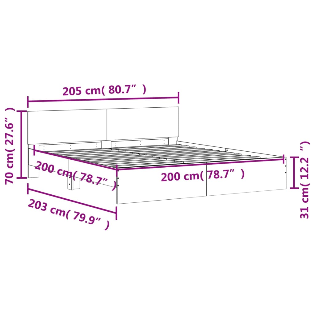 vidaXL Sängynrunko päädyllä ja LED-valoilla harmaa Sonoma 200x200 cm