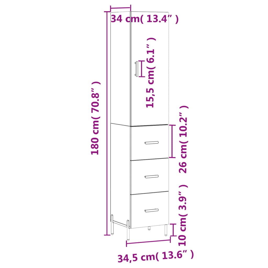 vidaXL Kaappi Sonoma-tammi 34,5x34x180 cm tekninen puu