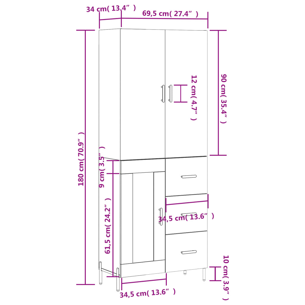 vidaXL Kaappi korkeakiilto valkoinen 69,5x34x180 cm tekninen puu