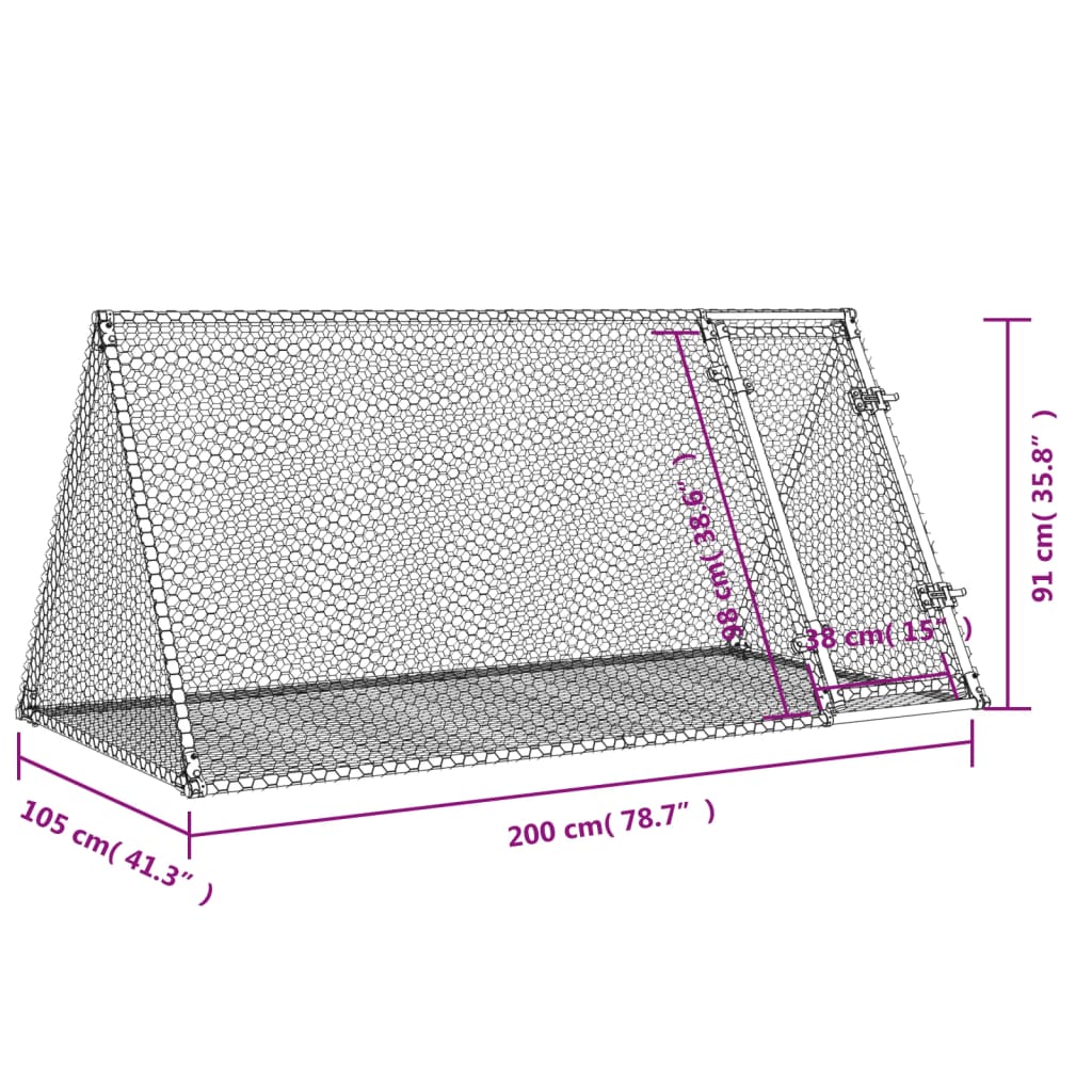 vidaXL Kanihäkki hopea 200x105x91 cm galvanoitu teräs