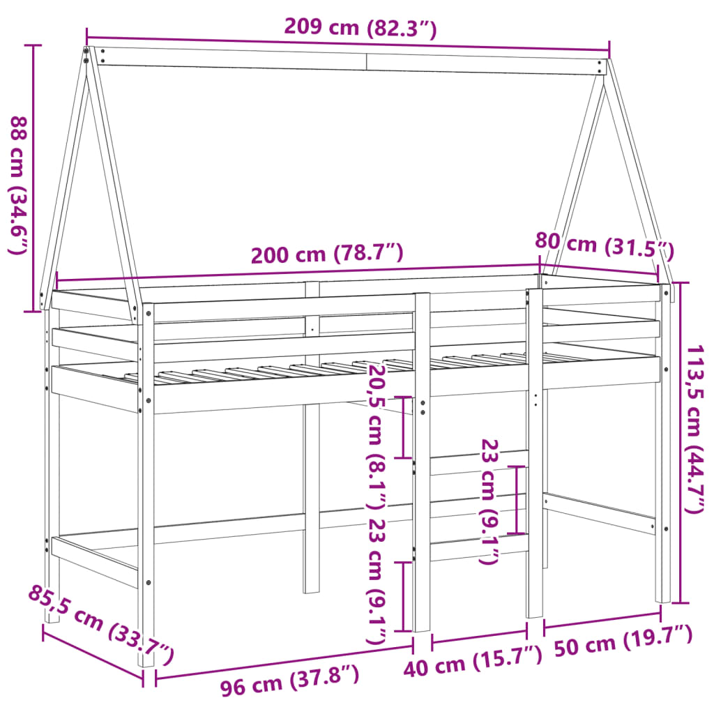 vidaXL Parvisänky tikkailla ja katoksella valk. 80x200 cm täysi mänty