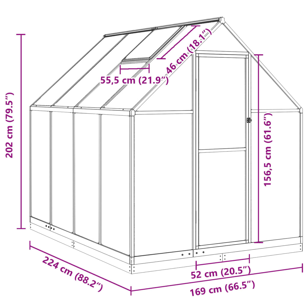 vidaXL Kasvihuone pohjarungolla hopea 224x169x202 cm alumiini