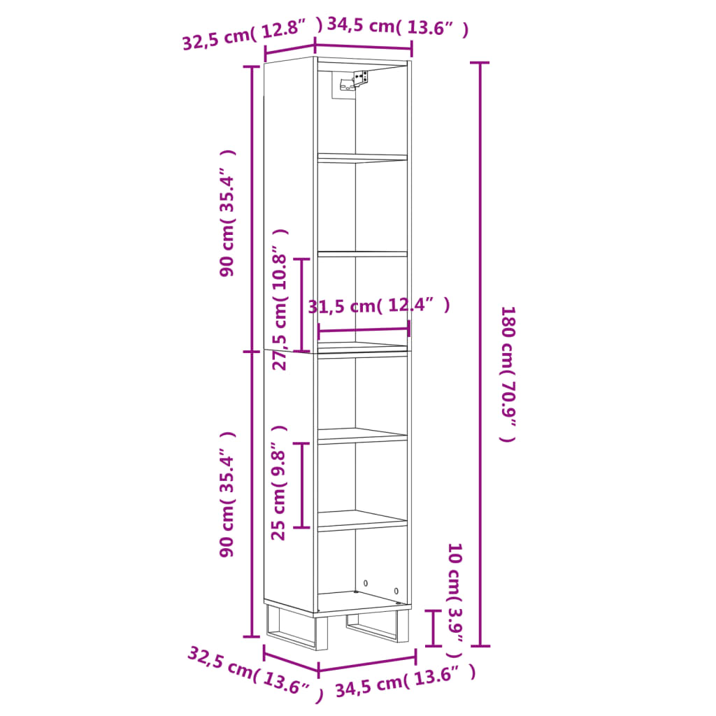 vidaXL Kaappi betoninharmaa 34,5x32,5x180 cm tekninen puu