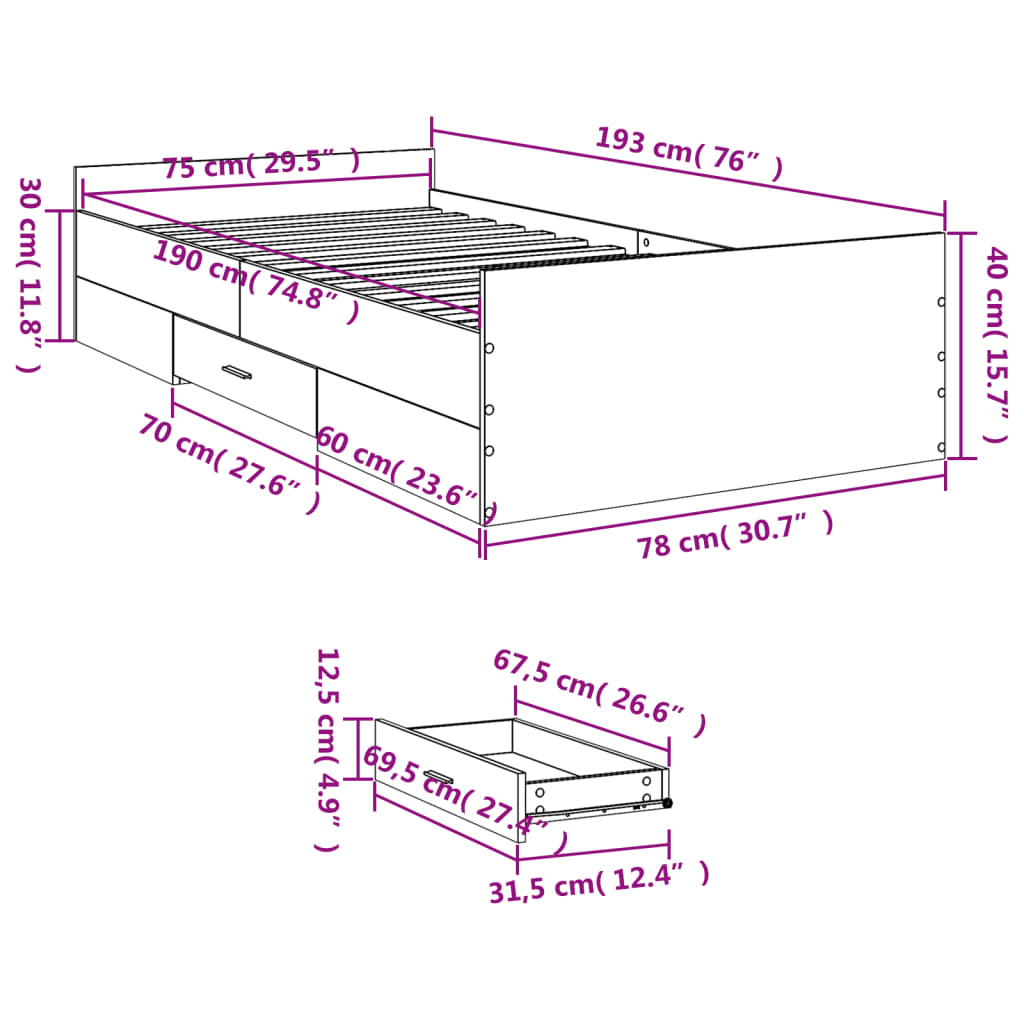 vidaXL Sängynrunko laatikoilla Sonoma-tammi 75x190 cm tekninen puu