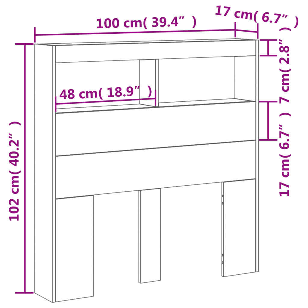 vidaXL Sängynpäätykaappi LED-valoilla betoninharmaa 100x17x102 cm