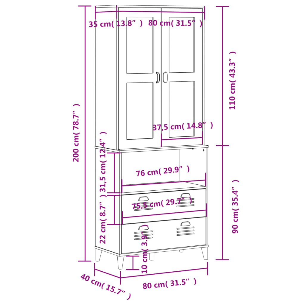 vidaXL Kaappi VIKEN musta 80x40x200 cm täysi mänty