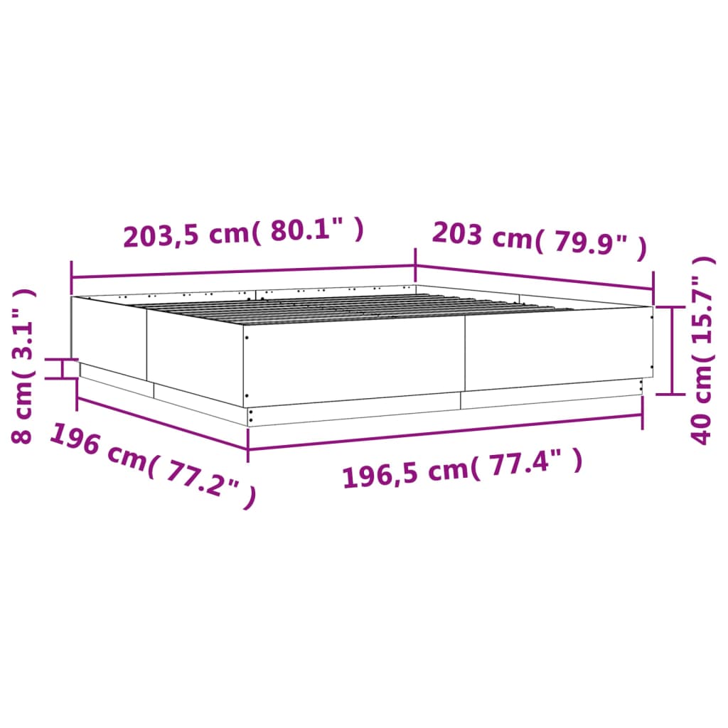 vidaXL Sängynrunko LED-valoilla Sonoma-tammi 200x200 cm tekninen puu