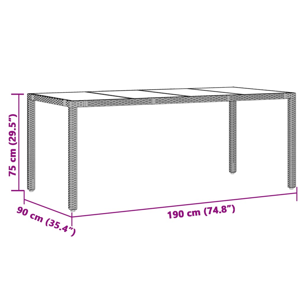 vidaXL Puutarhapöytä lasilevyllä musta 90x90x75 cm polyrottinki