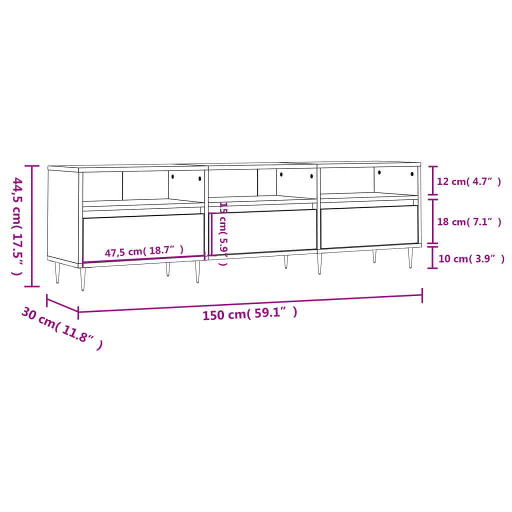 vidaXL TV-taso harmaa Sonoma 150x30x44,5 cm tekninen puu