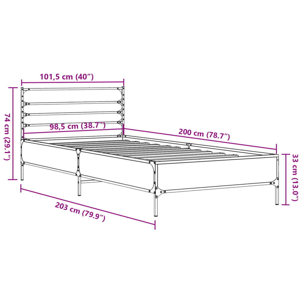 vidaXL Sängynrunko savutammi 100x200 cm tekninen puu ja metalli