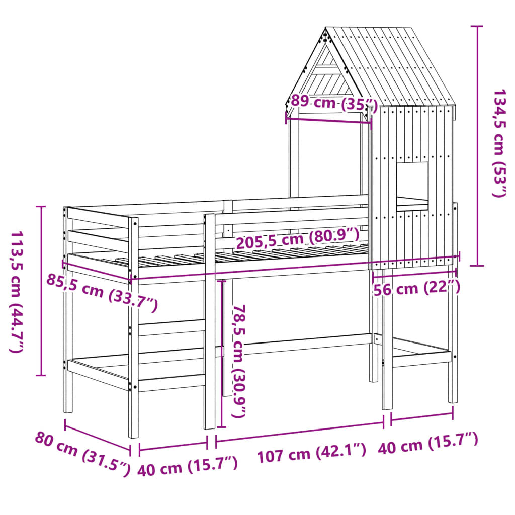 vidaXL Parvisänky tikkailla ja katoksella 80x200 cm täysi mänty