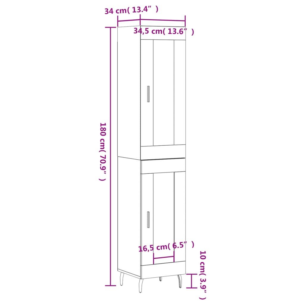 vidaXL Kaappi ruskea tammi 34,5x34x180 cm tekninen puu