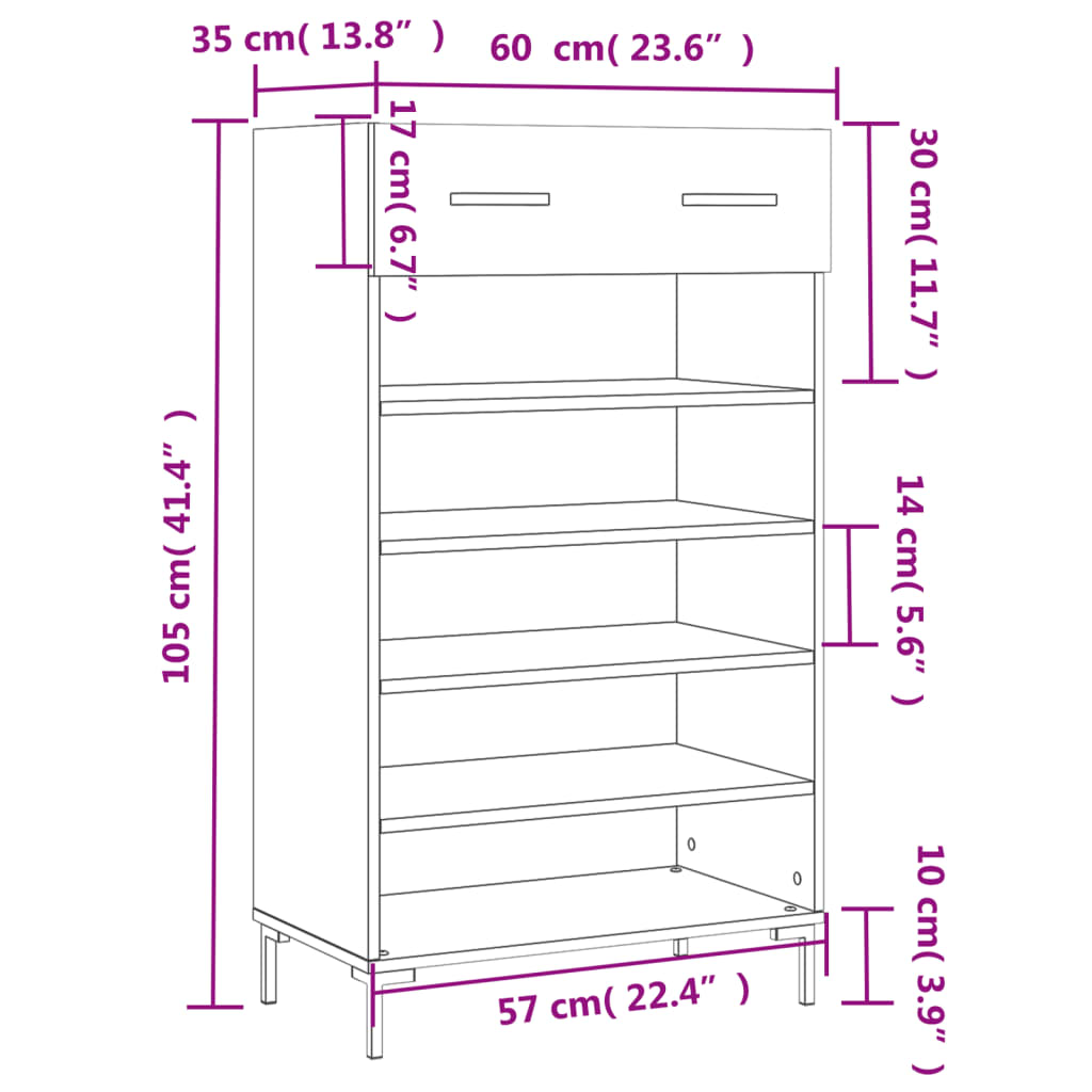 vidaXL Kenkäkaappi harmaa Sonoma 60x35x105 cm tekninen puu