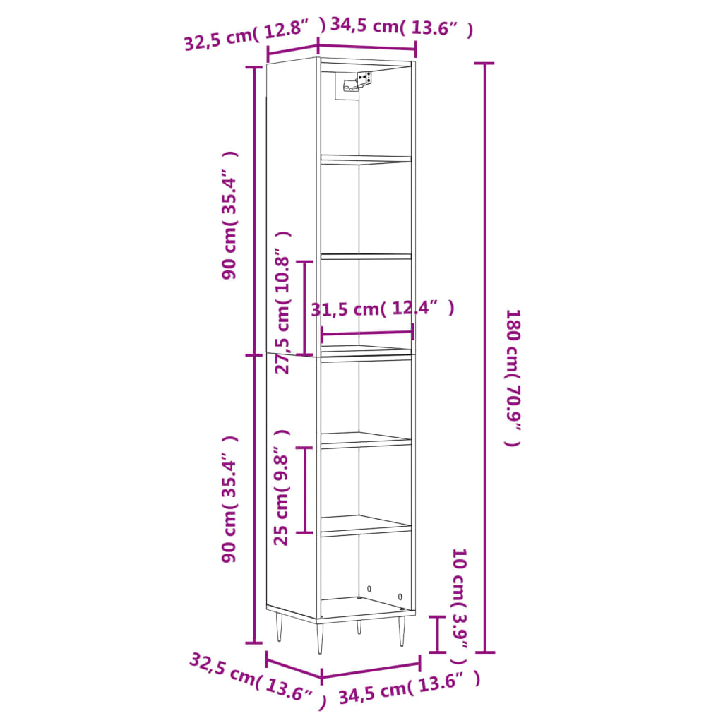 vidaXL Kaappi Sonoma-tammi 34,5x32,5x180 cm tekninen puu